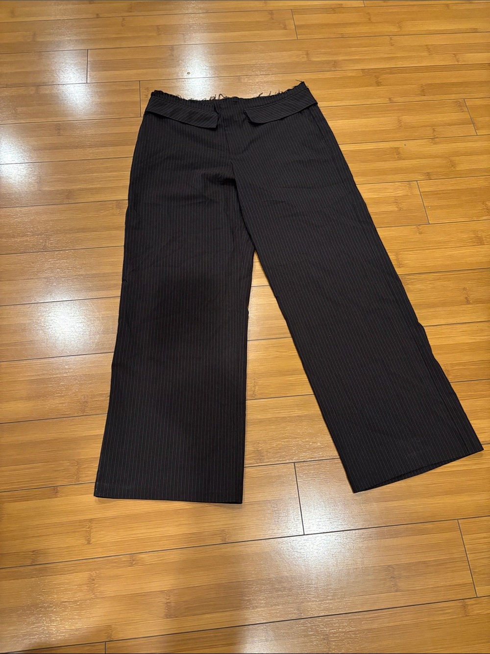 Zara Black Pinstripe Wide Leg Pants with Frayed Waist